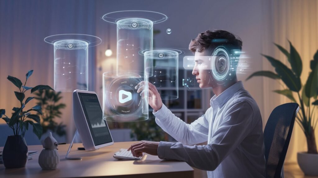 A futuristic scene showing a person interacting with multiple holographic AI assistants, representing the potential future of AI voice interaction