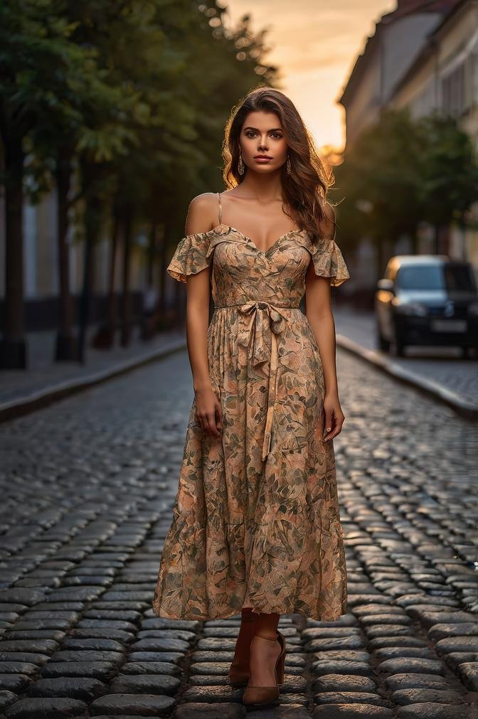 A young woman in a floral dress realistic photos