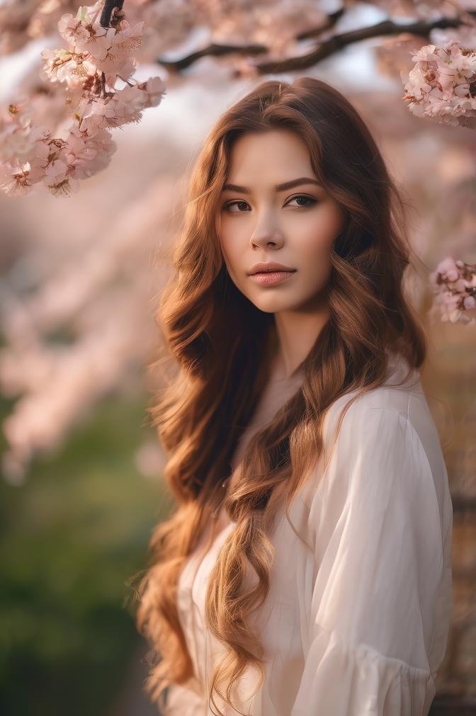 A young woman with long brown hair realistic photos